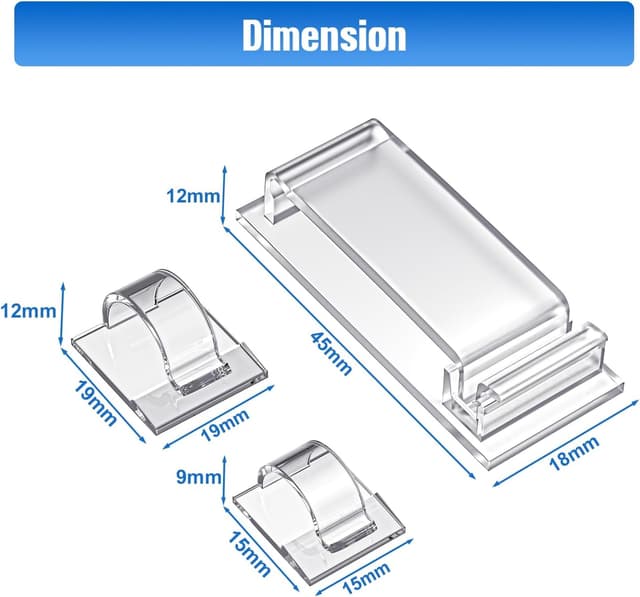 Detalle de Kimsky Kabelhalter Set (100 Stück) mit selbstklebenden Kabelclips in transparent – 3 Größen für Heim & Büro