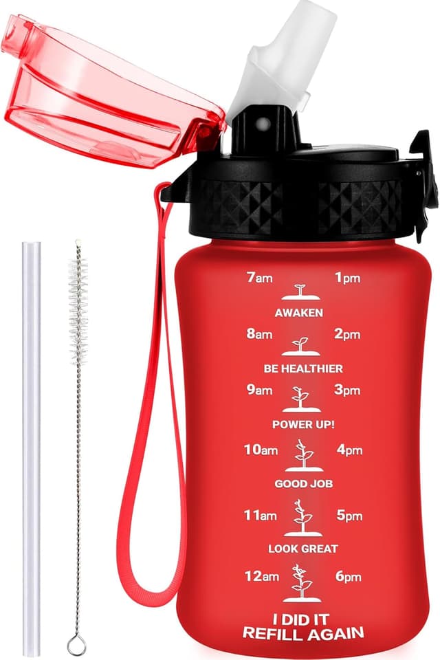 Detalle de GOPPUS 350ml Kids Water Bottle with Straw, Tritan, Strap & Flip-Top Lid (Pure Red)