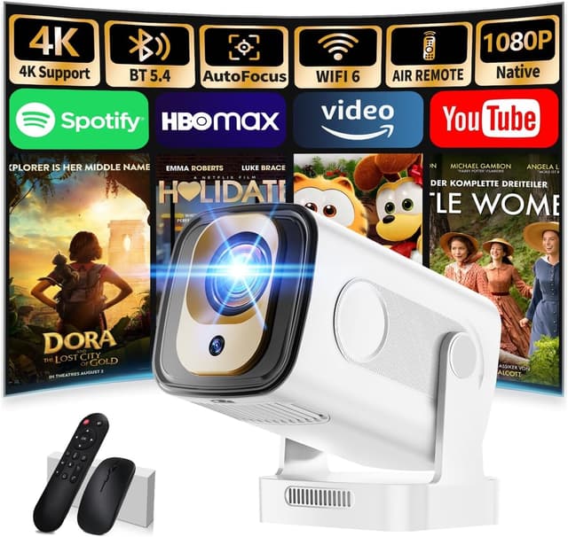 Detalle de Mini Beamer 4K 1080P (2026) mit Auto-Fokus, Trapezkorrektur, WiFi 6 & Bluetooth 5.4 – tragbarer Projektor in Weiß