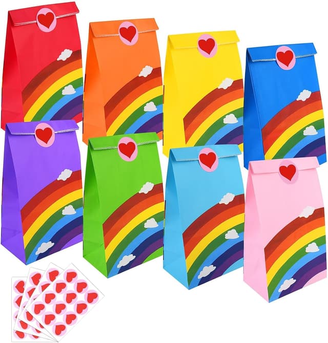 Detalle de flintronic 48 Pack Kraft Sweet Party Bags with Rainbow Design and Smile Stickers (13 × 8 × 24CM)