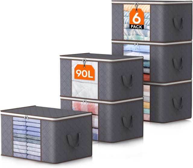 Detalle de Lifewit 6er Set große Aufbewahrungstaschen 90 L mit Sichtfenster – faltbar, mit verstärktem Griff und stabilem Reißverschluss (grau)