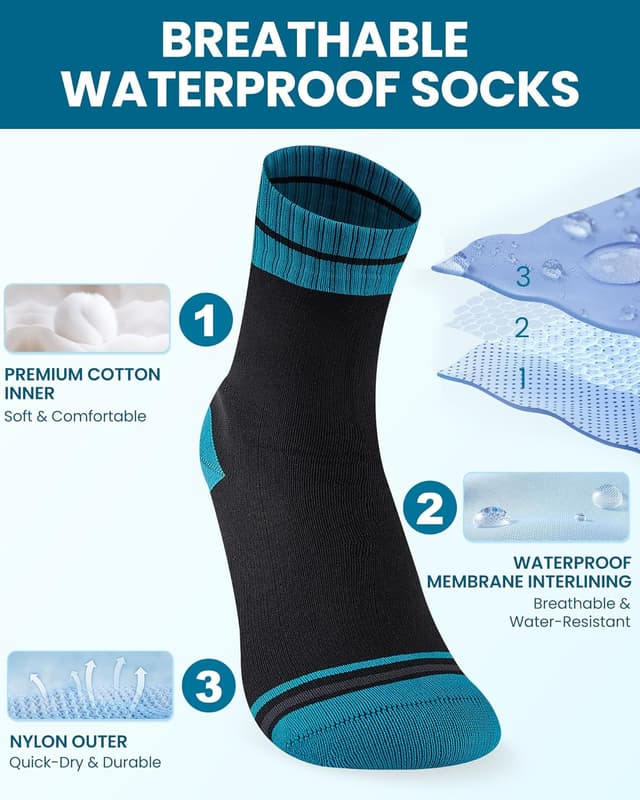 Detalle de inaWarm Waterproof Socks for Men – breathable 3-layer hiking & walking crew socks for cold, wet weather