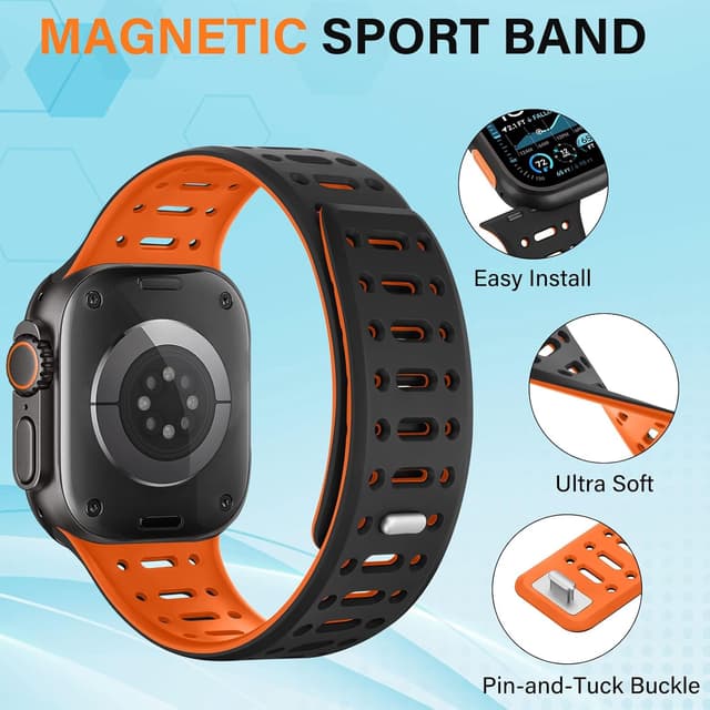 Detalle de Sixmoat Magnetic Strap for Apple Watch (49mm/46mm/45mm/44mm/42mm) in Black-Orange