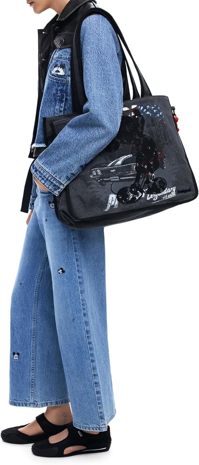 Detalle de Desigual Einkaufstasche Schultertasche „Mickey Studs Khiva“ Denim Dark Grey dunkelgrau