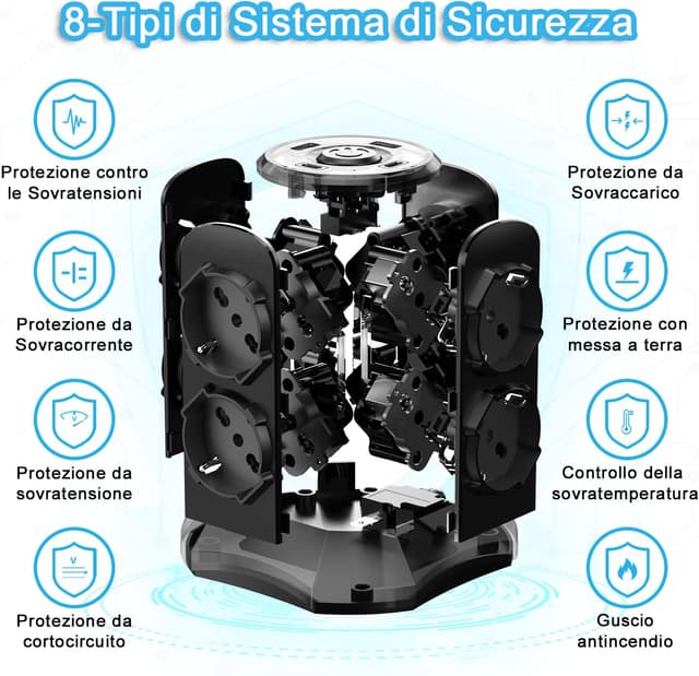 Detalle de TOPREK Multipresa Verticale con 8 prese universali ITA/Schuko e 4 USB (2 USB-C e 2 USB-A) 4000W/16A, nera