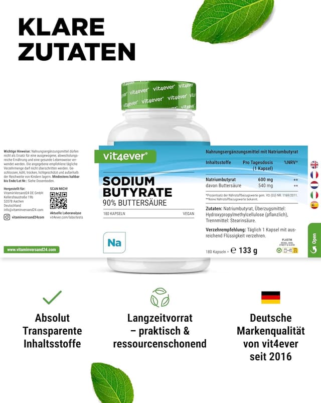 Thumbnail 4 de vit4ever Sodium Butyrate Kapseln mit 600 mg (180 Stück) – hochdosiertes, veganes Natriumbutyrat