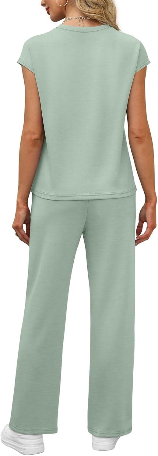 Detalle de WIHOLL 2-Piece Women’s Resort Wear Set: Cap Sleeve V-Neck Top + Wide-Leg Lounge Pants with Pockets