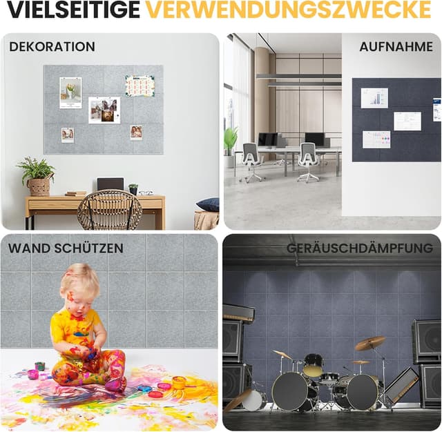 Detalle 2 de Large Kork-Bulletin Board 90x60 cm – Filz-Wandfliesen im 6er-Set mit 30 Steckpins & abnehmbaren Klebetabs