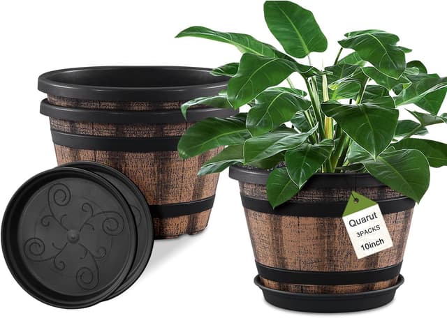 Detalle de Quarut 3-Pack 10-Inch Whiskey Barrel Plant Pots (Brown) with Drainage Holes & Saucers