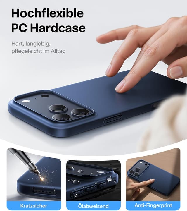 Detalle de TORRAS Ultra Dünn 0,09 cm Hülle für iPhone 17 Pro – blau, erhöhter Kamerakantenschutz, seidig-mattes Griffgefühl