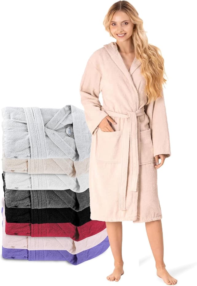 Detalle de Twinzen Bademantel Damen aus 100% Baumwolle (OEKO-TEX®), mit Kapuze, 2 Taschen und Gürtel