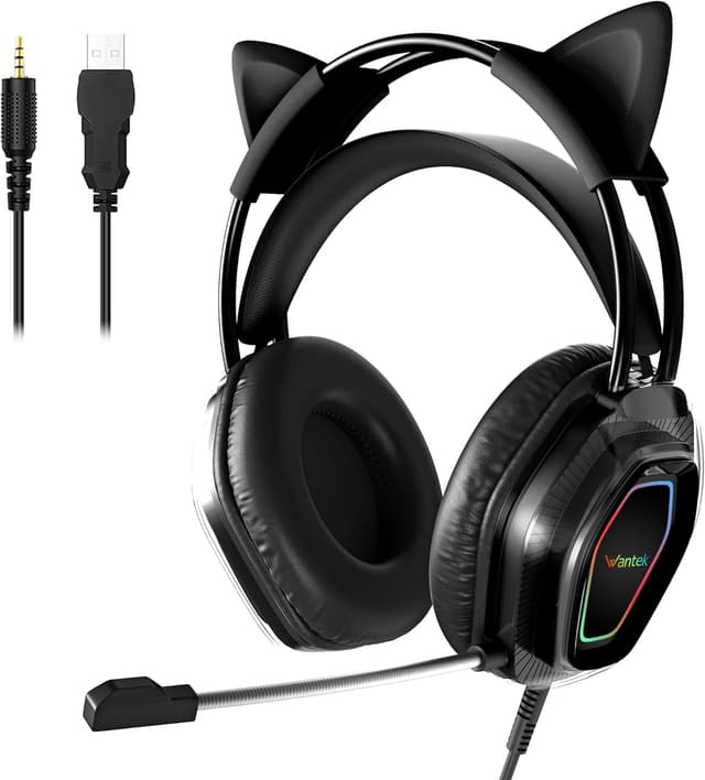 Detalle de Wantek Wantak Katzenohr-Kopfhörer mit Mikrofon (kabelgebunden) – Gaming-Headset für PC, PS5 & Xbox