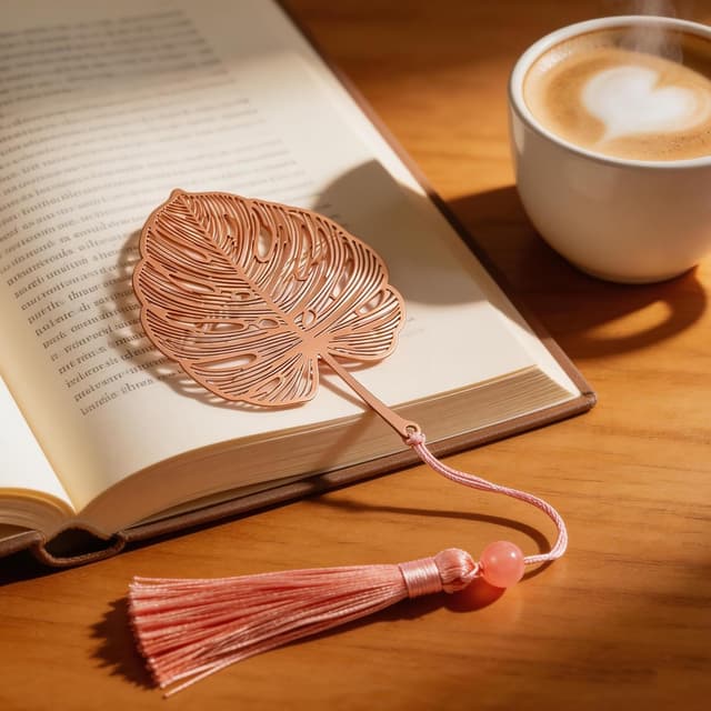 Detalle de YBhuoo Elegant Metal Bookmark with Tassel & Gift Box (Rose Gold Monstera)