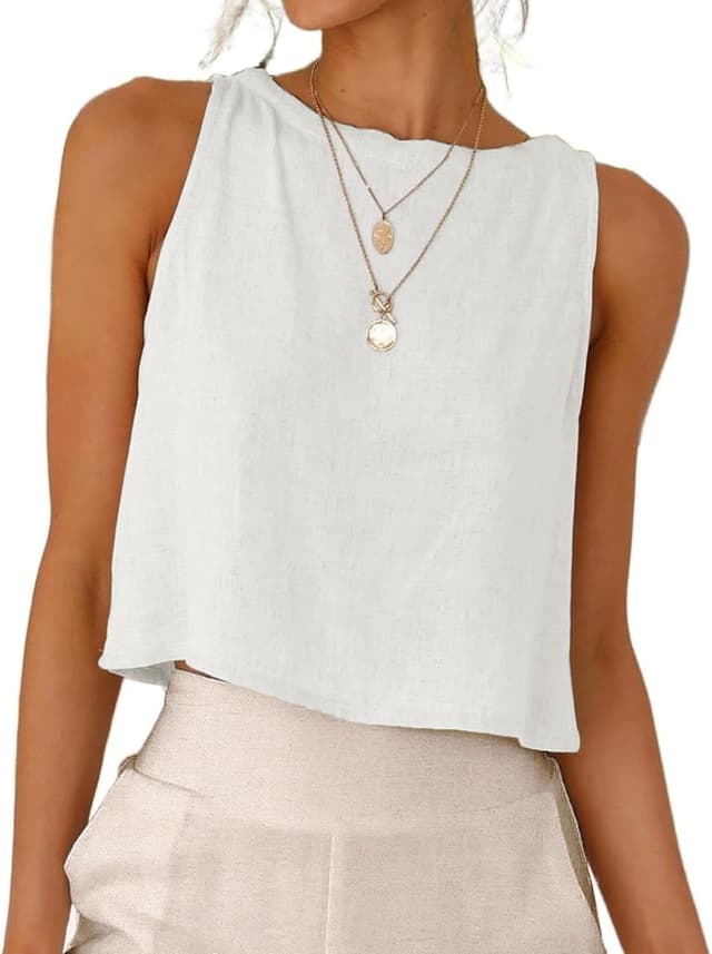 Detalle de Tanmolo Leinen-Tanktop für Damen mit Knopfdetail am Rücken – ärmellos, kurz & sommerlich