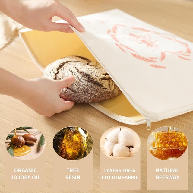 Detalle de WiNDANCE Wide Zipper Access Beeswax Bread Bags (XL) — Reusable Beeswax Linen Cotton Sourdough Bags, 2-Pack