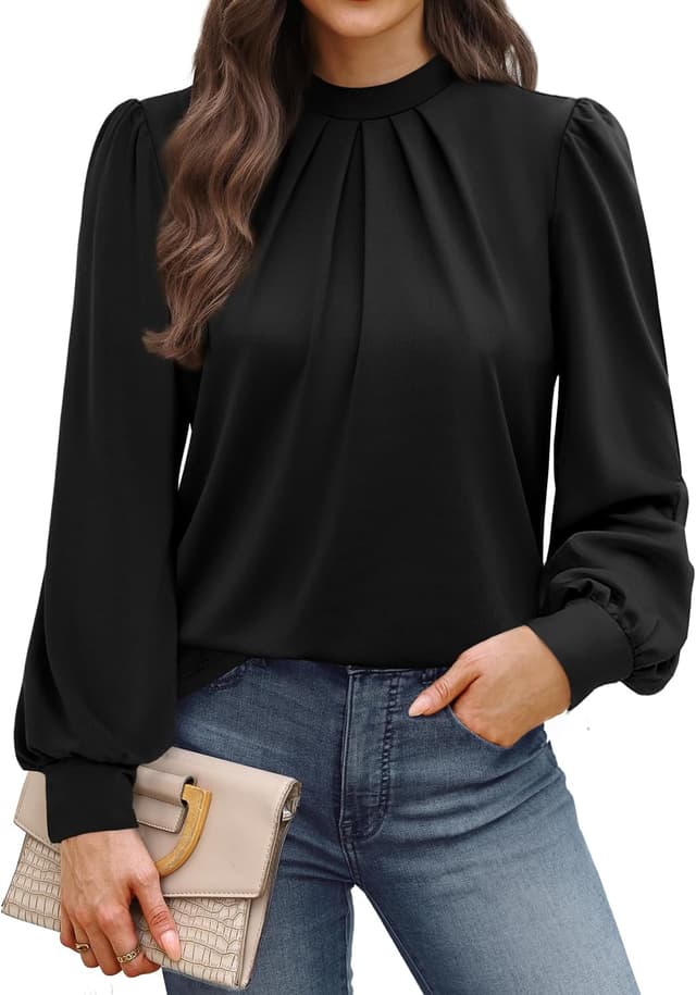 Detalle de WIHOLL long sleeve mock neck pleated blouse for women – business loose fit top