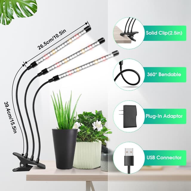 Detalle de wolezek Grow Lights for Indoor Plants (3 Heads) 6000K Full Spectrum LED with Auto Timer and Dimming