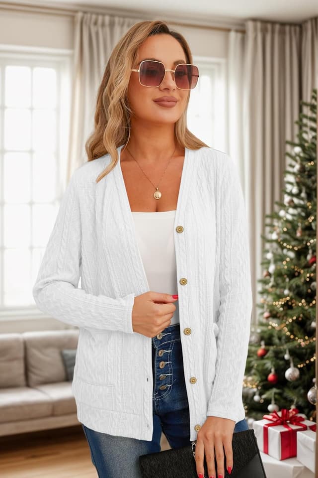 Detalle de GRECERELLE women’s lightweight long sleeve cardigan with open front, v-neck and pockets