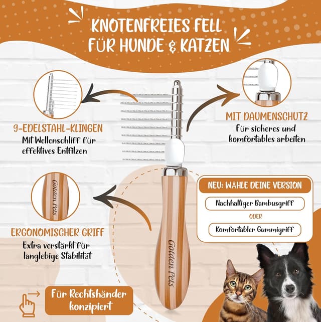 Detalle de Golden Pets Entfilzer Kamm für Hunde & Katzen – mittel bis langhaarig, abgerundete Zinken + E-Book Pflegehandbuch