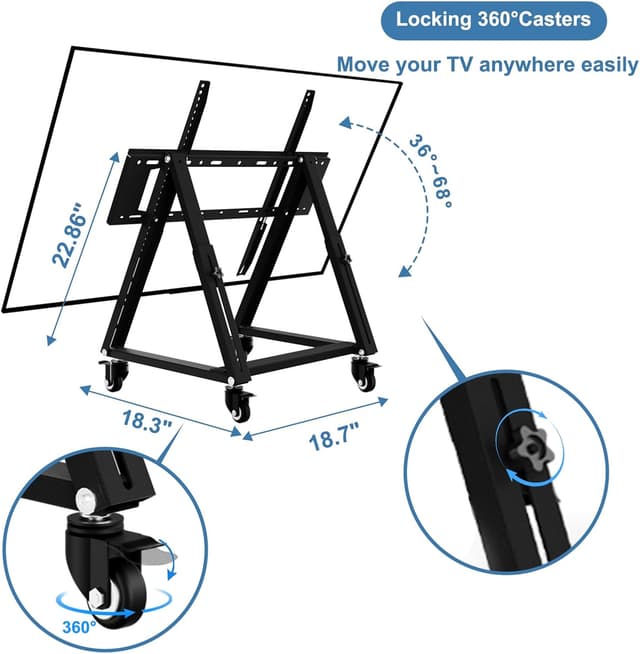Detalle de Niedriger rollbarer TV-Ständer (26–65 Zoll) mit Rollen, höhenverstellbar und neigbar bis 68° – VESA 600×500