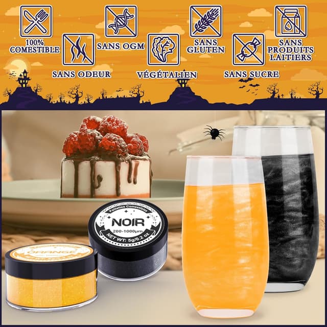 Detalle 2 de Paillettes comestibles Luster Dust Orange & Noir (5 g) – colorant alimentaire en poudre pour gâteaux, macarons et cocktails (Halloween)