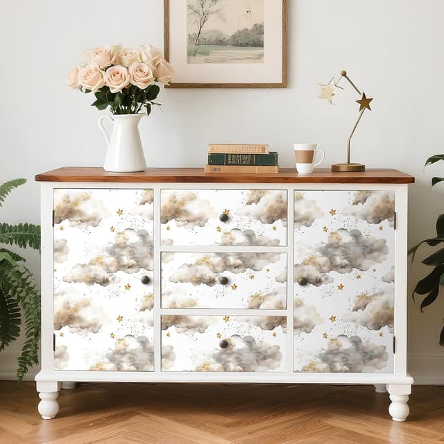 Detalle 2 de FunStick Wolke und Stern Tapete für Kinderzimmer (selbstklebend, abziehbar) in Weiß/Grau, 44,5 cm × 3 m