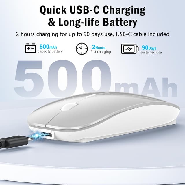 Detalle 1 de Azmall Wireless Mouse Slim (wiederaufladbar, Dual-Modus 2,4G & Bluetooth, silberner Jiggler-Modus) für MacBook Air, Laptop & Tablet