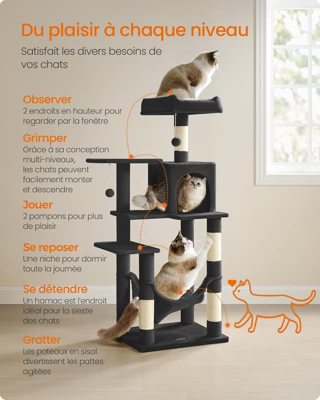 Detalle de Feandrea Arbre à chat 143 cm PCT161B01 : tour à griffer avec 2 plateformes, 1 cueva et hamac