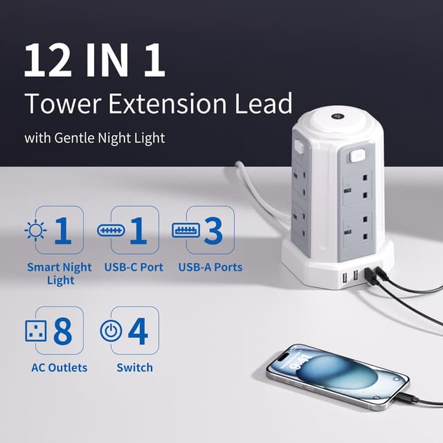 Detalle 2 de Tower Extension Lead 3M 3250W Surge Protector with 8 AC & 4 USB ports ๐