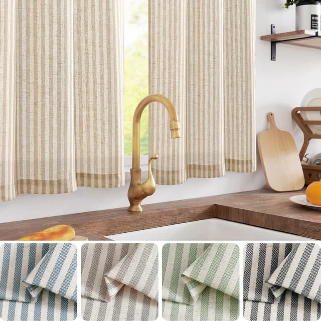 Detalle 2 de jinchan Striped Linen Kitchen Curtains 30" Tan 🪟