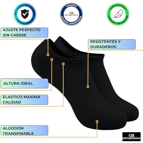 Detalle de DIVABONNA 12 pares de calcetines tobilleros (hombre y mujer) de algodón transpirable en blanco y negro, talla 40-46