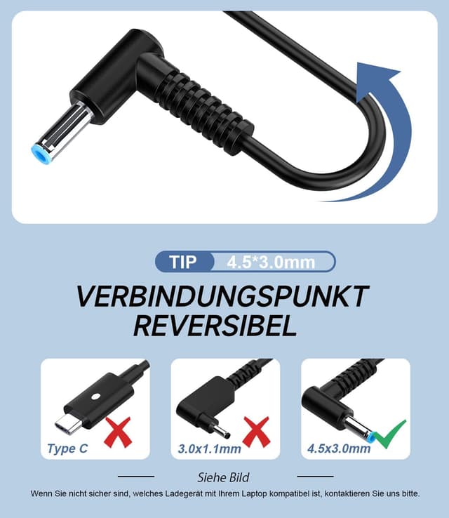 Detalle de shefor 150W Laptop-Ladekabel Netzteil 19,5V 7,7A (4,5×3,0 mm, blau) kompatibel mit HP