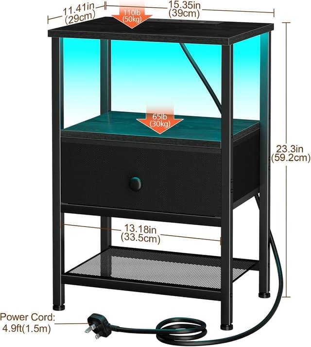 Detalle de AMHANCIBLE HETS01BK set of 2 bedside tables with charging station and RGB LED lights