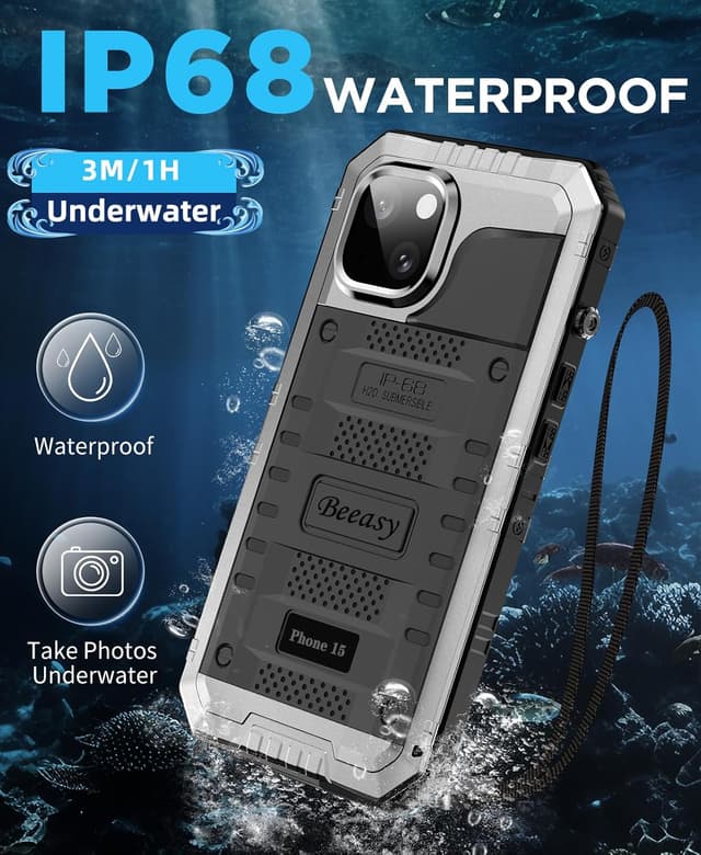 Detalle de Beeasy Robust Series iPhone 15 Waterproof Heavy Duty Case (Silver) – full-body shockproof armour cover