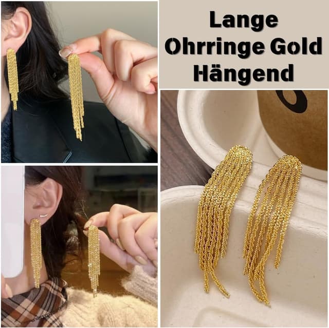 Detalle de Meteorstarry Ohrringe Silber 925/Gold – lange Quasten-Ohrhänger mit Kette und glänzender Oberfläche
