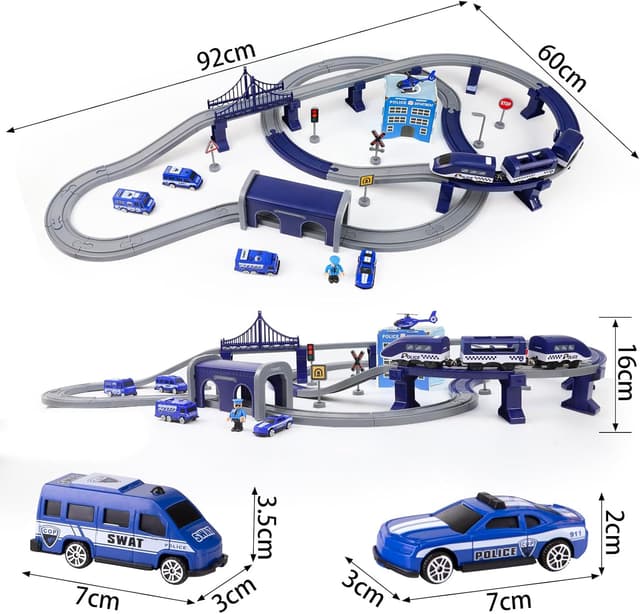 Detalle de LZDMY Elektrische Eisenbahn Kinder-Autorennbahn Set mit 92 Teilen (Magnetkupplungen) – Spielzeug für 3 bis 7 Jahre