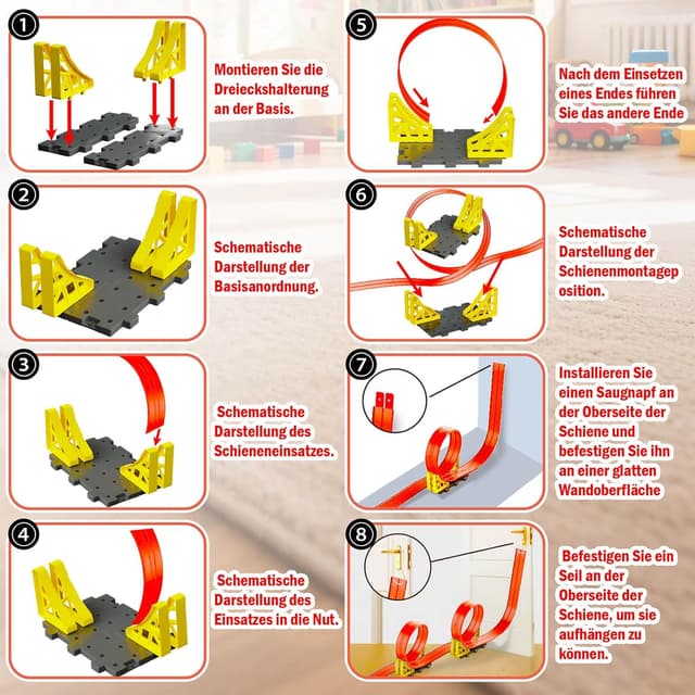 Detalle 2 de EKXXHVLS Rennbahn Kinder 5M – flexible Autorennbahn mit 6 Autos, Dual-Loop & Rampen (Orange)