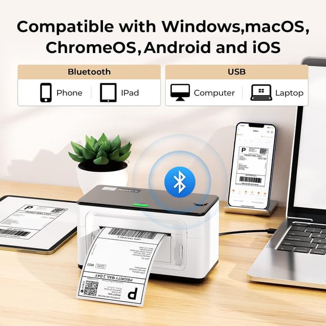 Detalle de MUNBYN Bluetooth 4x6 Desktop Thermal Label Printer (USB & iOS/Android) for shipping labels