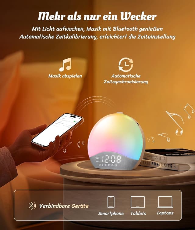 Detalle 2 de ecozy Tageslichtwecker (Lichtwecker) mit Bluetooth-Synchronisierung, Sonnenaufgang & -untergang sowie 17 Nachtlichtfarben