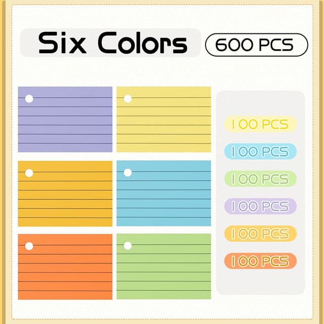 Detalle de Thboxes 600 farbige A8 Karteikarten (7,4 x 5,2 cm) liniiert mit Kraft-Einband und Losenblattringen