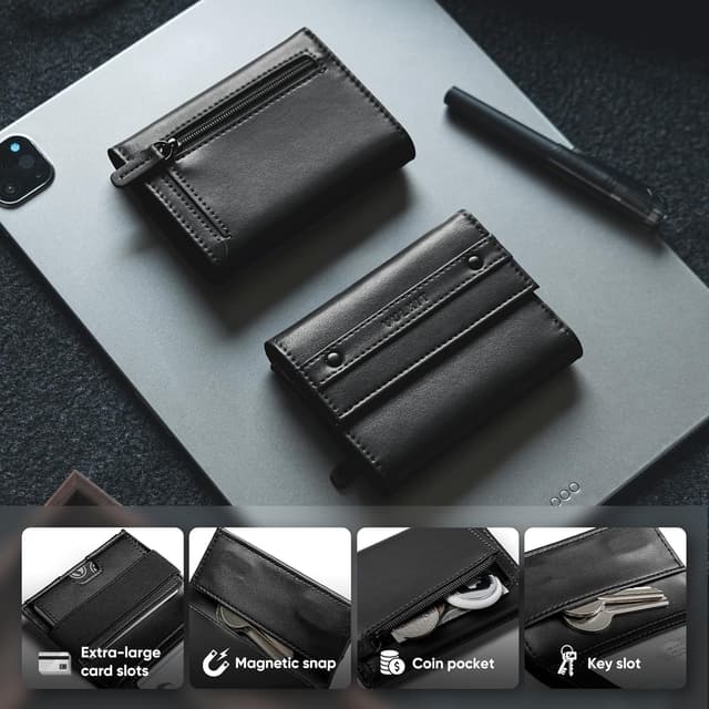 Detalle de VULKIT Portefeuille compact en cuir homme noir à 3 volets avec blocage RFID et poche zippée