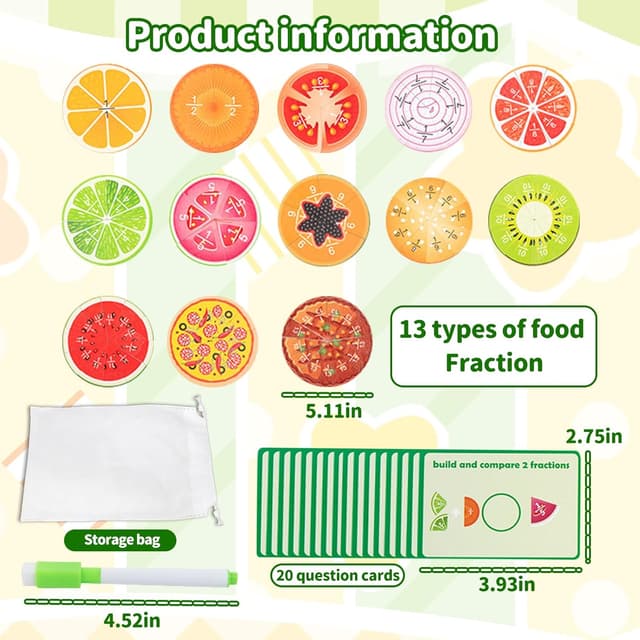 Detalle 2 de Wooden Fruit Fractions Circles (91 pieces + 20 question cards) Montessori-style fractions maths game for ages 6+