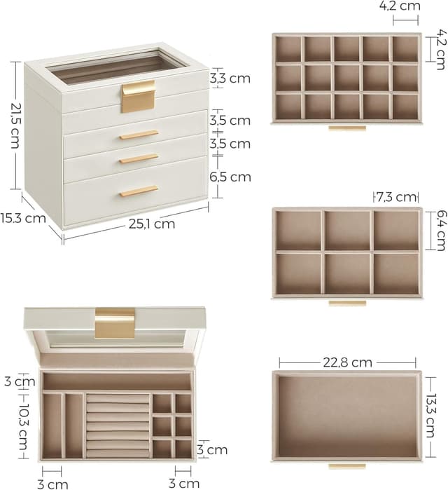 Detalle de SONGMICS GISELLA – boîte à bijoux et écrin à accessoires à 4 niveaux, couvercle en verre, 3 tiroirs