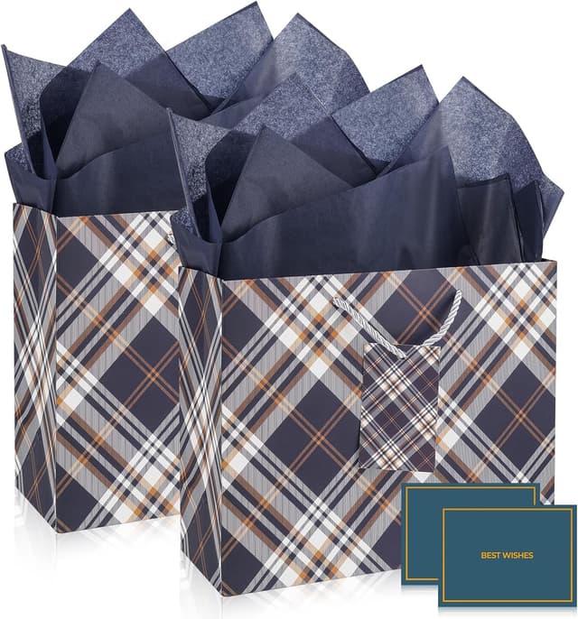 Detalle de Mifferer medium gift bags (2 pcs) with tissue paper, cards and ribbon wrappers – 24.5 x 19.5 x 9.5cm