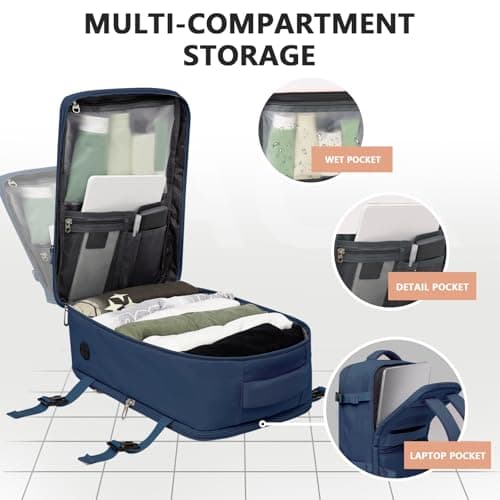 Detalle de KIRFEIHT mochila de cabina para avión 40x20x25 cm (20L) con puerto USB y zona para portátil – Azul