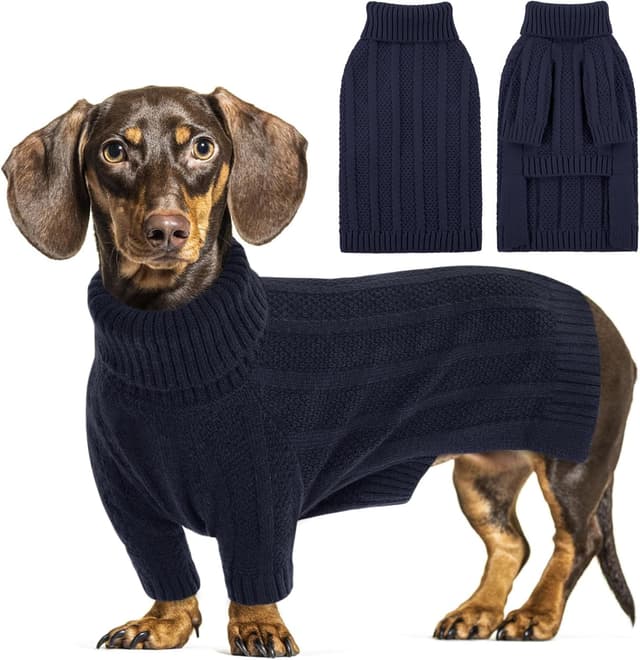 Detalle de Queenmore Dog Jumper Small (Navy) – Blue Turtleneck Cable Knit Long Sleeve Sweater for Small Dogs