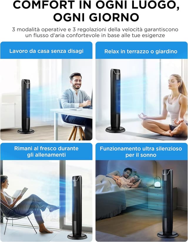 Thumbnail 6 de Midea FZ10-17JR ventilatore a torre silenzioso con telecomando, oscillazione 90° e timer 7 ore (nero)