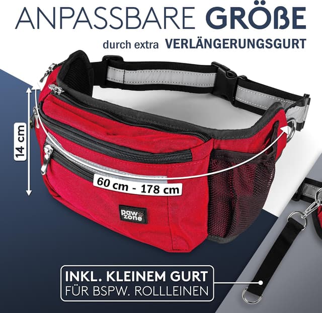 Detalle de PAWZONE Leckerlibeutel für Hunde mit Bauchtasche, Reflektorband & Zusatzgurt für Flexileine (Feuerrot)