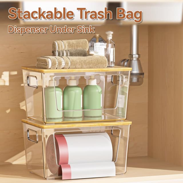Detalle 2 de spospo 2 Pack Trash Bag Holder with Bamboo Lid (Stackable, Extra-Large Clear Dispenser)