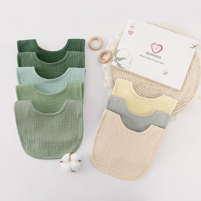 Detalle de bearmoss Muslin Baby Dribble Bibs (100% cotton) – 8-pack bandana-style bibs for drool & teething